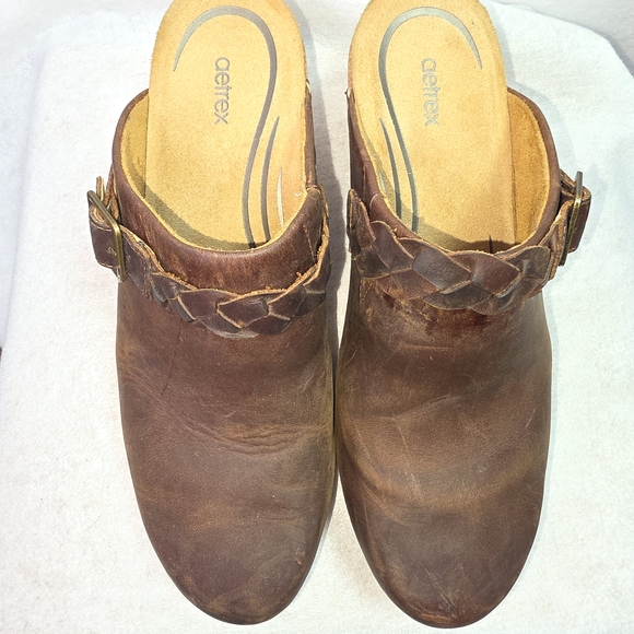 Aetrex Corey Brown Leather Clog Mules | Cork Heel Comfort Slip-On | Size 9 - Picture 2 of 10